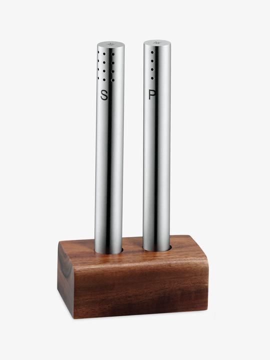 Actual product image WMF Salt shaker and pepper shaker set 3-piece Cromargan stainless steel matt finish with wooden stand (Salt, Pepper)