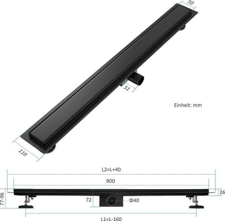 Produktbild Emke Duschrinne Edelstahl, Bodenablauf Komplettset Siphon mit Geruchsstop, Haarsieb, 900cm, Schwarz (900 mm)