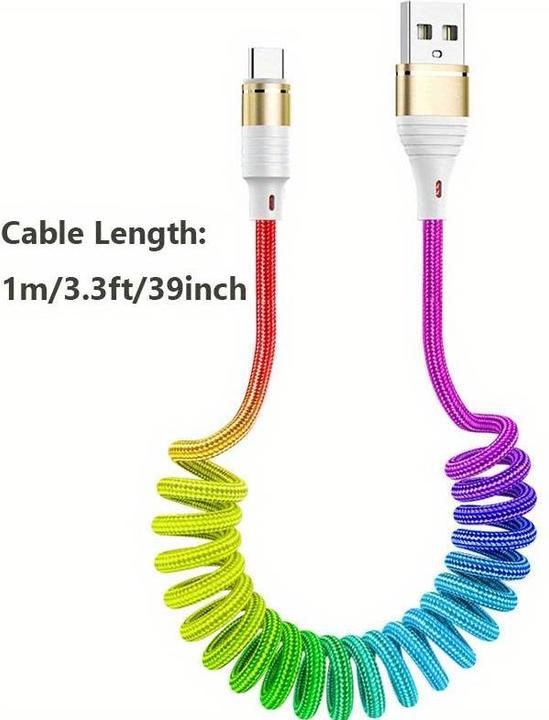 Produktbild PhoneLook USB-A auf USB-C Stretch-Kabel aus geflochtenem Nylon mehrfarbig rainbow (1 m, USB 3.2 Gen 1)