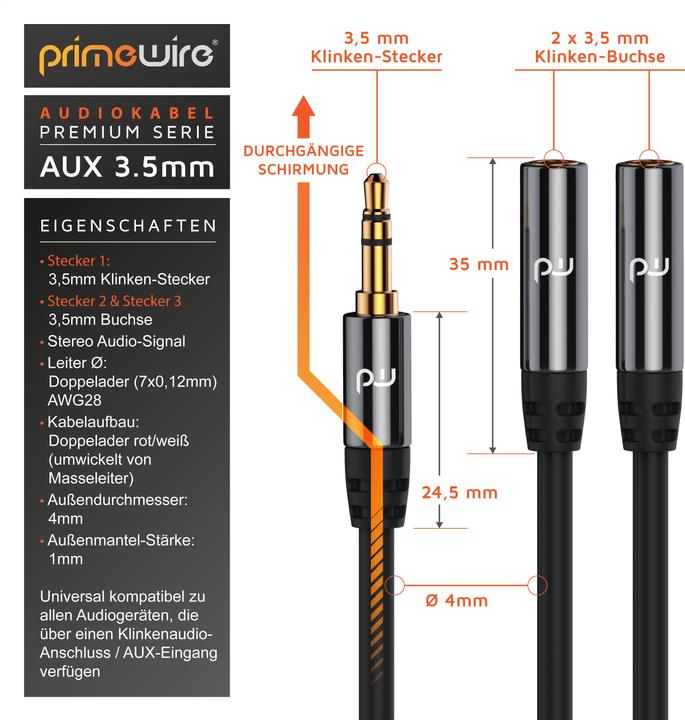 Immagine prodotto Primewire Adattatore audio da jack da 3,5 mm a 2x jack da 3,5 mm, 15 cm, adattatore audio stereo AUX a 2x (0.15 m, Connettore da 3,5 mm (AUX))