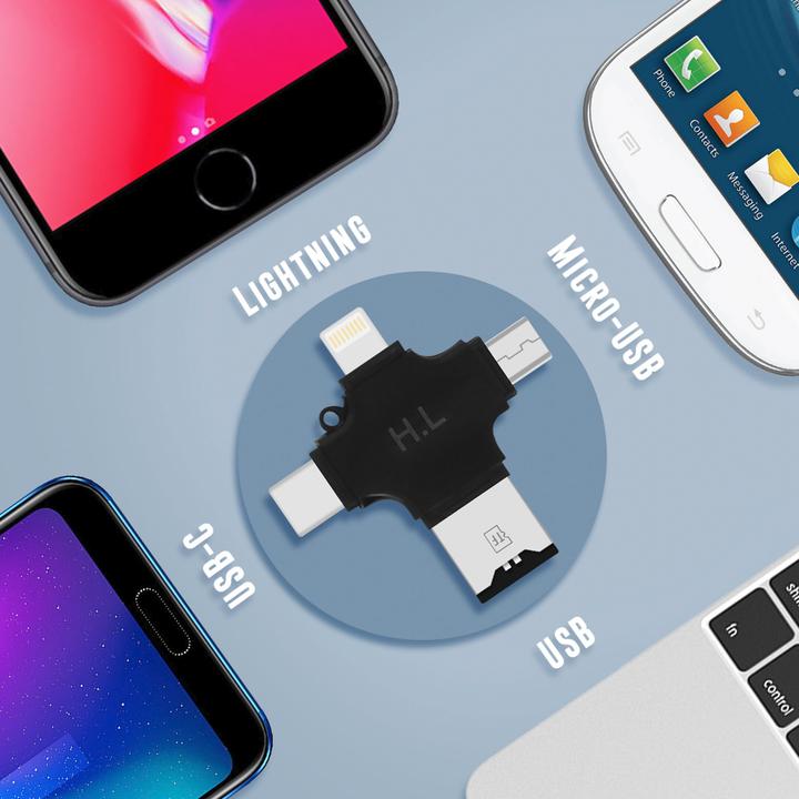 Actual product image Avizar 4-in-1 Micro-SD card reader USB-C / Lightning / Micro-USB / USB - Black