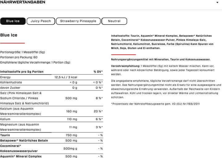 Nährwerte und Zutaten Vast Hydro (Blue Ice, 1 Stk., 300 g)