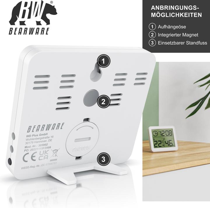 Produktbild Bearware Thermometer & Hygrometer, Temperatur, Luftfeuchtigkeit & Uhrzeit, Innenwetterstation, Magnethalter