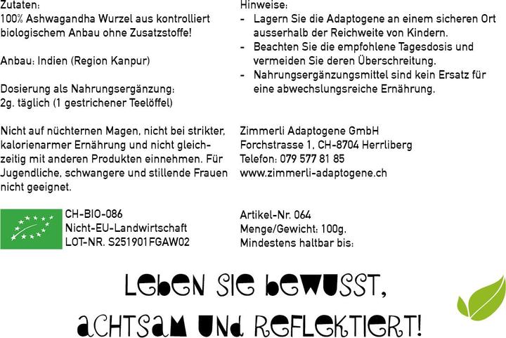Valori nutrizionali e ingredienti Zimmerli Adaptogene Ashwagandha in polvere (BIO) (1 Pezzo/i, Polvere, 100 g)