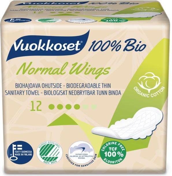 Vuokkoset Damenbinden mit Flügeln Normal 100 % Bio, 12 Stk. (12 x, Damenbinden)