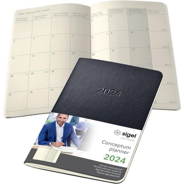 Image du produit Sigel Agenda mensuel 2024 C2485 noir, 2S/1M, SC, 140x93x5mm (A6, Couverture souple, Allemand)