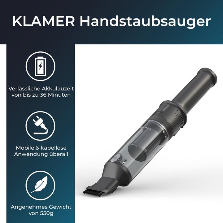 Produktbild KLAMER Handstaubsauger, 140W Akku Handstaubsauger, Leistungsstark mit 16.000 PA und 36 min Laufzeit
