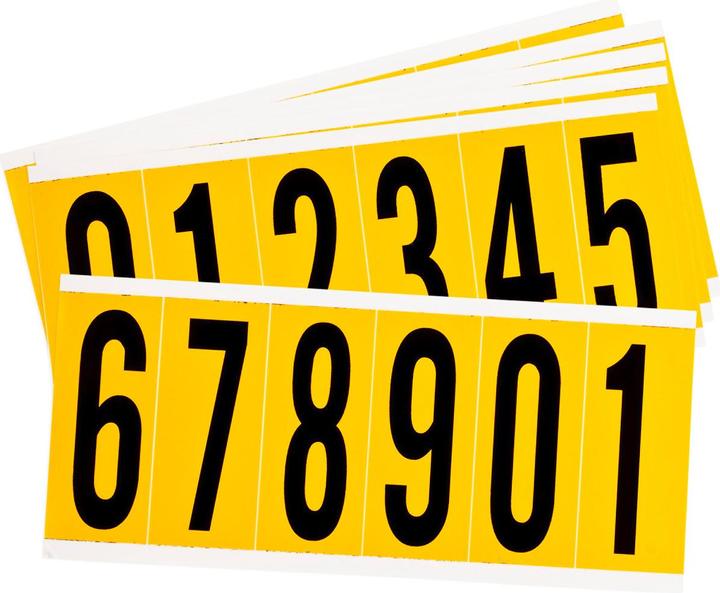 Actual product image Brady 1550-#-Kit, B-946, vinyl, lettering: number set (0-9), black on yellow, 38 x 89mm, lettering