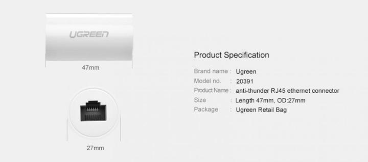Produktbild Ugreen Ethernet Anti-Thunder RJ45 Blitzschlag Schutz Kupplung (UTP, CAT5e, 0.05 m)
