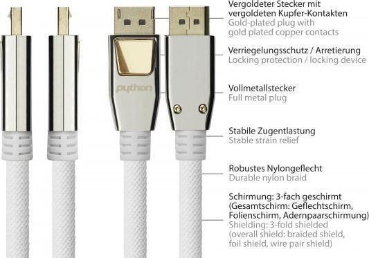 Image du produit Python Câble de connexion DisplayPort 1.2, 4K / UHD @60Hz, connecteur entièrement métallique, contacts (10 m, DisplayPort)