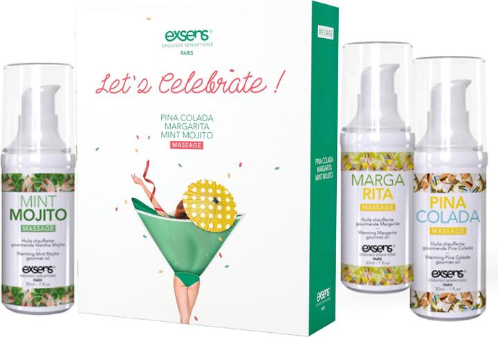 Actual product image Lovetoy LET'S CELEBRATE! Warming gourmet massage oils (Mint Mojito, Margarita, Pina Colada) 3 x 30ml (90 ml)