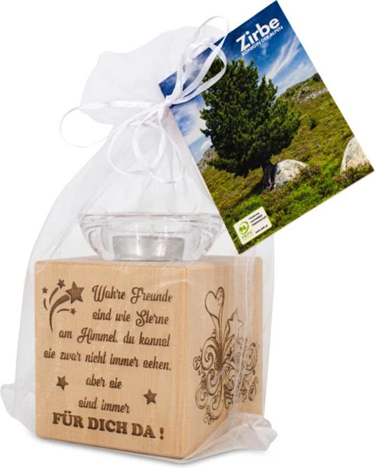 Image du produit ZNatur Pin cembro Porte-bougie à réchaud Cube & verre Cadeau déco avec gravure Vrais amisNo.11 (1 x)