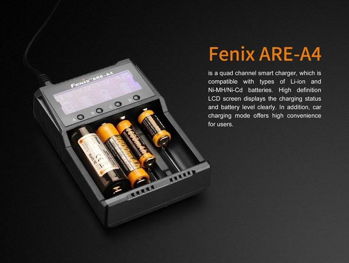 Produktbild Fenix Rundzellen Ladegerät ARE A4 (1 Stk., 10340, 10350, 10440, 10500, 12500, 12650, 13500, 13650, 14500, 14650, 16340, 16650, 17500, 17650, 17670, 18350, 18490, 18500, 18650, 18700, 21700, 22650, 25500, 26500, 26650, Akku)