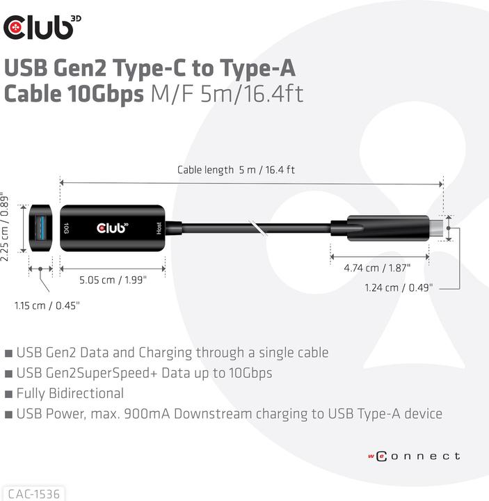 Actual product image Club 3D Club3D Cable USB 3.2 Type C <> USB Type A St/Bu (5 m, USB 3.1)
