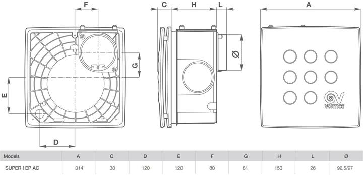 Immagine prodotto Vortice Ventilatore Quadro Super EP AC THCS UP fino a 285 m³/h