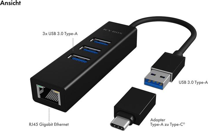 Actual product image Icy Box Hub IcyBox 4-Port IB-HUB1419-LAN USB 3.0 Hub & LAN Adapter (USB-C, 4 Ports)