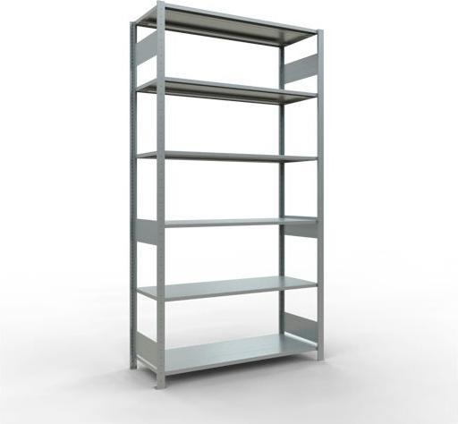 Sistema di scaffalature di base senza viti MULTIplus150 con ripiani di lunghezza