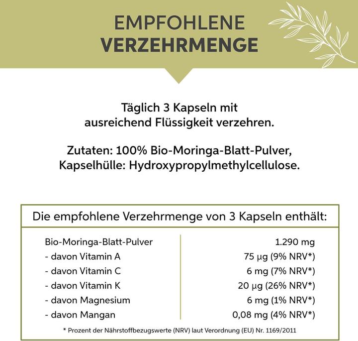 Nährwerte und Zutaten Eltabia Bio Moringa Kapseln | 100% rein ohne Zusätze (1000 Stück, Kapseln)