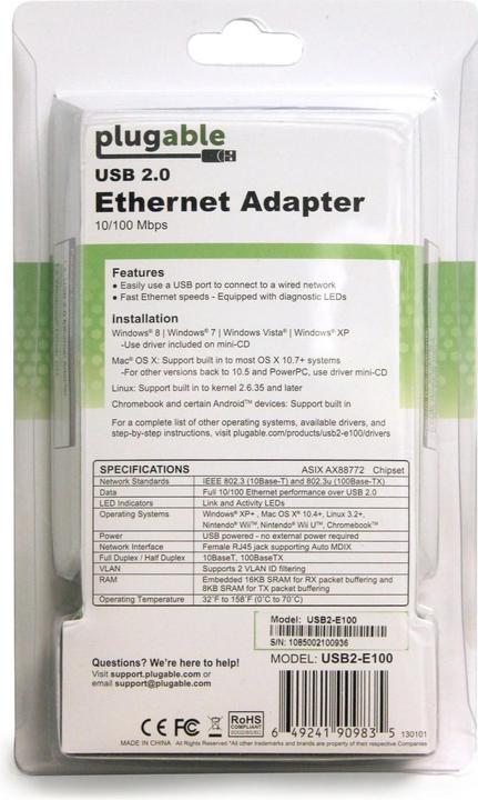 Productafbeelding Plugable USB 2.0 naar Ethernet Adapter (USB, RJ45/LAN (1x))