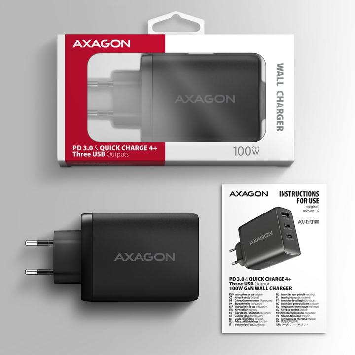 Produktbild Axagon ACU-DPQ100, GaN nabíječka do sítě, 3x port (USB-A + dual USB-C), PD3.0/PPS/QC4+/Apple (100 W)