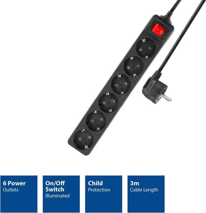 Actual product image Power strip with illuminated switch, 6 sockets, 3 m, black (6 x, CEE 7/3, 3 m)