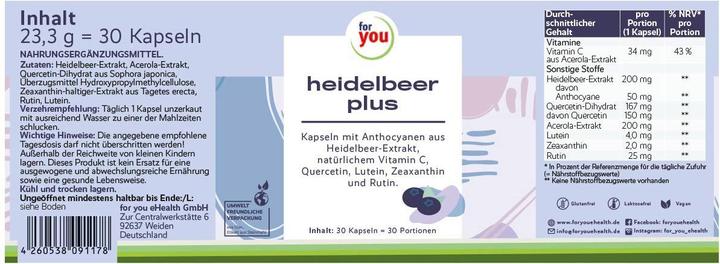 Valeurs nutritives et ingrédients For You myrtille plus (30 pièce(s), Capsules)