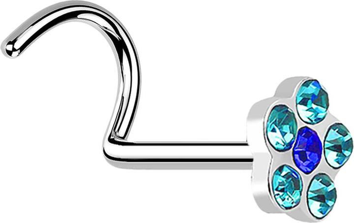 Star Piercing Nasenstecker gebogen silber mit Blume und 5 Kristalle aqua (ohne Messing, Chirurgenstahl 316L)
