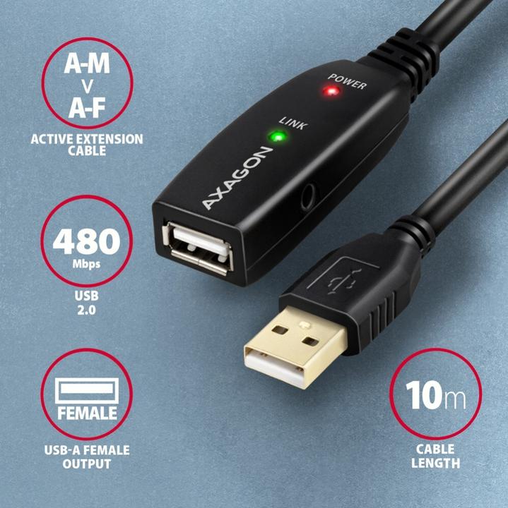 Produktbild Axagon ADR-210 aktives USB-Verlängerungskabel, USB 2.0, USB-A auf USB-A (10 m, USB 2.0)