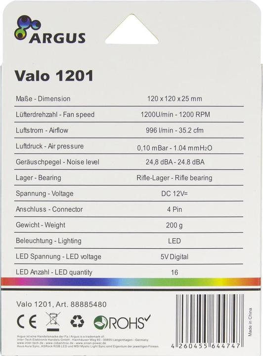 Produktbild Intertech Inter Tech Inter-Tech Lüfter 120*120*25 Argus Valo 1201 RGB (120 mm, 1 x)