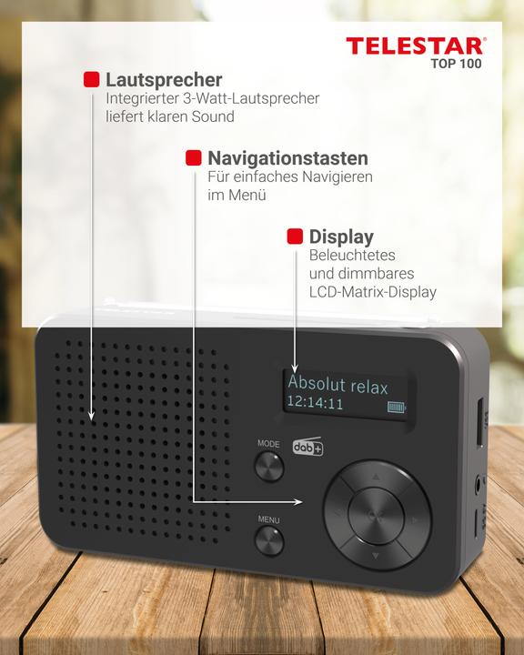 Image du produit Telestar TOP 100 sw portables Radio DAB+/UKW,Bluetooth,USB,Akku (FM, DAB+ DAB, Bluetooth)