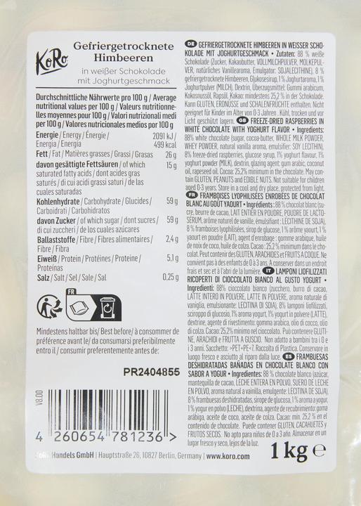 Valori nutrizionali e ingredienti KoRo Lamponi liofilizzati in cioccolato bianco (1000 g)