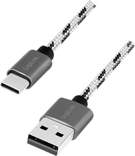 Produktbild LogiLink USB 2.0 Type-C Kabel-Set, C/M zu USB-A/M, Alu, Nylon, weiss/schwarz (2 m, USB 2.0)