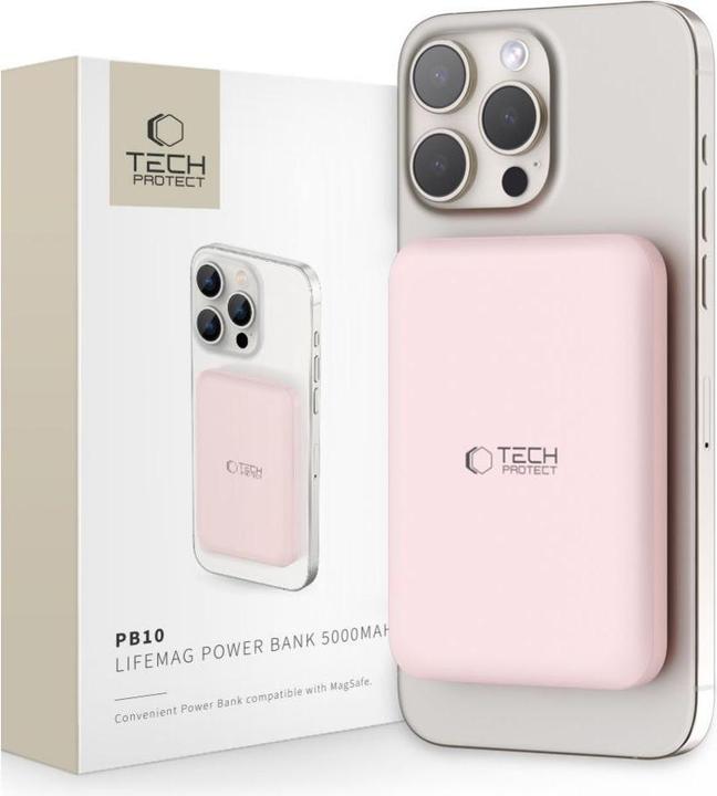 Tech-Protect LifeMag PB10 Powerbank with MagSafe 5000mAh 15W USB-C port - pink + USB-C cable (5000 mAh, 15 W)