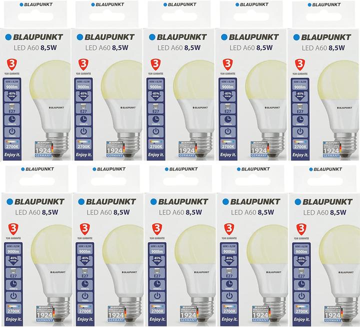 Produktbild Blaupunkt LED E27 Glühbirne - 9W - Warmweiss 2700K - Led Lampen - 10-er Pack (E27, 9 W, 900 lm, 10 x, E)