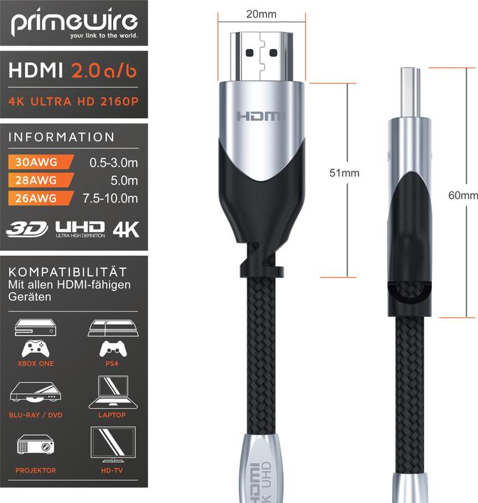 Image du produit Primewire Câble HDMI 2.0b - 4k 60Hz Ultra HD - Ethernet haut débit - triple blindage - Full HD - 3D - ARC (7.50 m, HDMI)