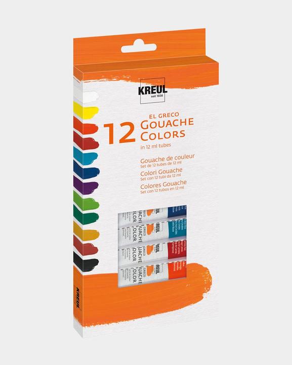 Actual product image Kreul el Greco gouache colours (Light green, Titanium white, Lemon, Prussian blue, vermilion, Brilliant violet, Crimson, Black, Siena burnt, Coelin blue, Ochre yellow, Chrome oxide green, 144 ml)