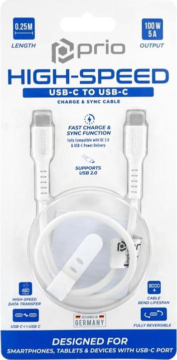 Immagine prodotto prio Cavo di ricarica e sincronizzazione ad alta velocità da USB C a USB C 5A 0,25 m bianco (0.25 m, USB 2.0)