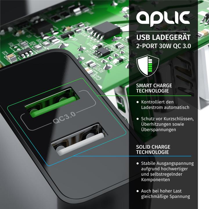 Immagine prodotto Aplic Caricatore USB 3000 mA, 2 porte, 30W, funzione di ricarica rapida Quick Charge 3.0 (QC 3.0), nero (30 W)