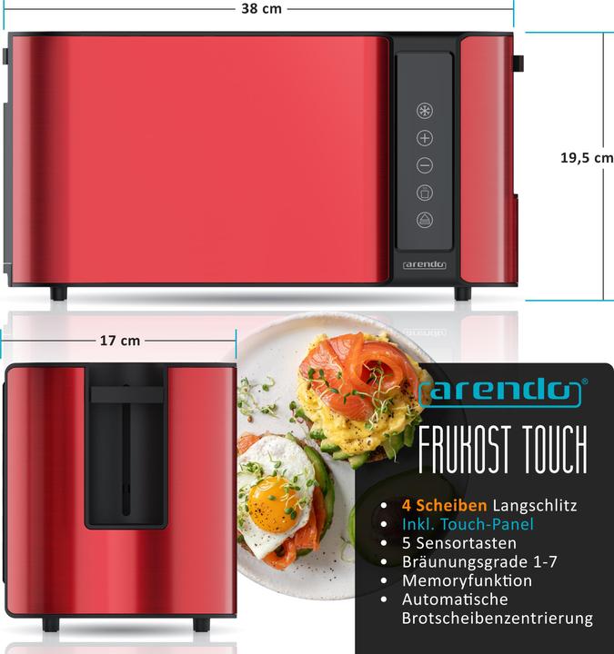 Produktbild Arendo Toaster Edelstahl 4 Scheiben Langschlitz, Brötchenaufsatz, Display mit Restzeitanzeige, Touchpanel