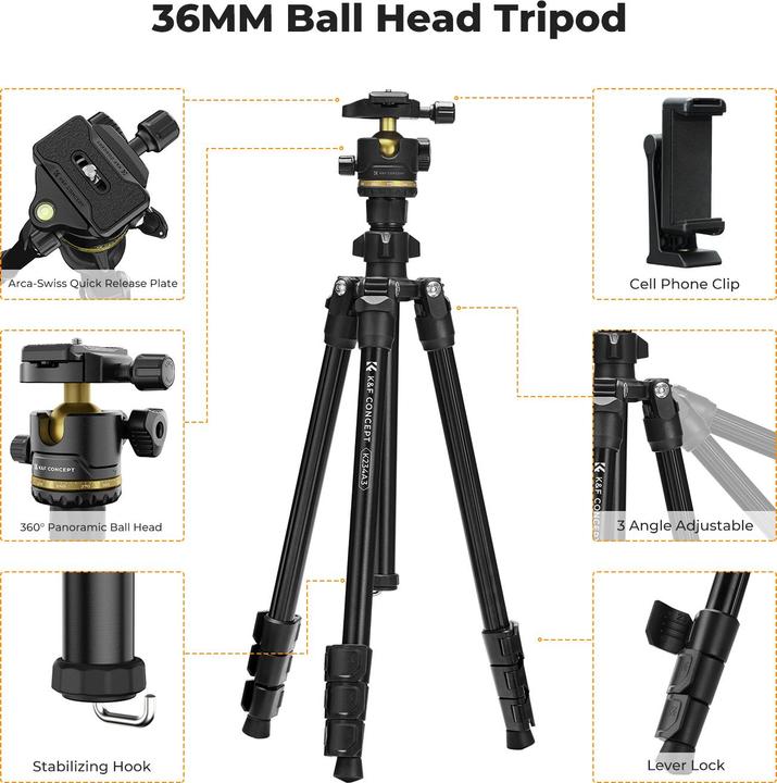 Actual product image K&F Concept K234A3+BH-36L +Phone Clip Magnesium Aluminum Alloy Tripod (Metal)