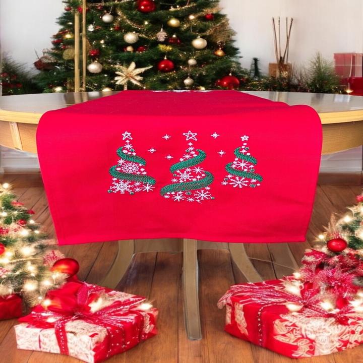 Actual product image Atölye No:35 Weihnachtlicher Tischläufer Rot mit Tannenbaum-Stickerei 35x120, Weihnachtsdeko (35 x 120 cm)