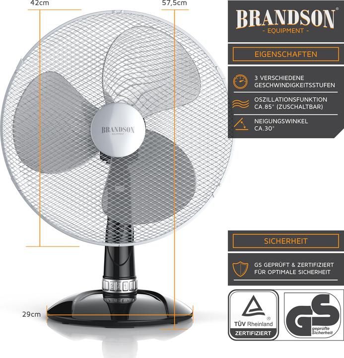 Image du produit Brandson Ventilateur de table, 42 cm Ø, angle d'inclinaison 30°, oscillation env. 85°, ventilateur 50W (54 dB)