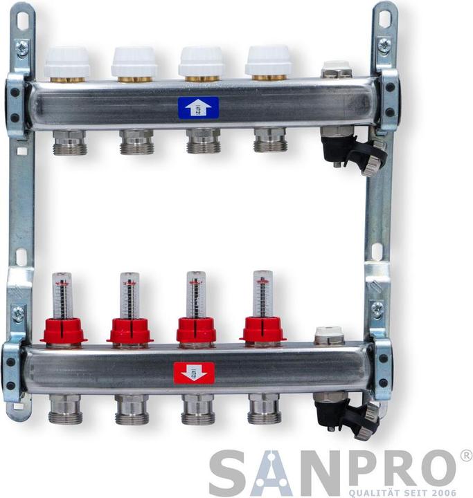 Actual product image Sanpro Underfloor heating manifold stainless steel - Topmeter for 4 heating circuits without set