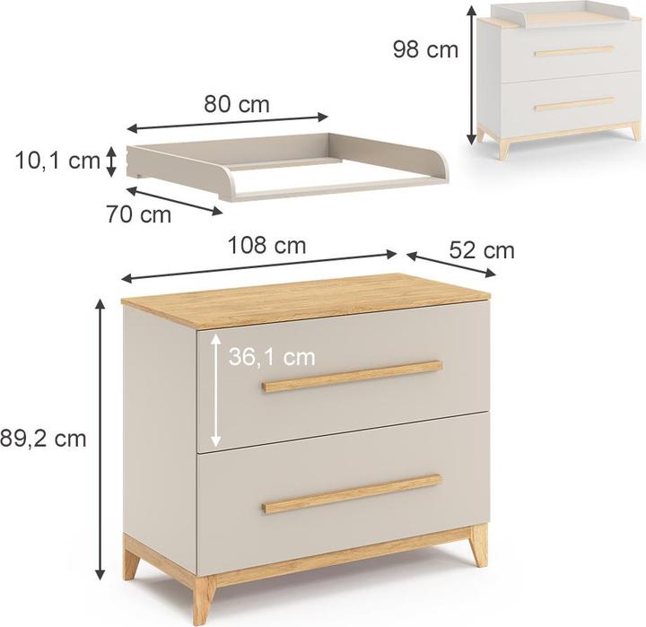 Actual product image VitaliSpa Wickelkommode Malia, Cashmere-Eiche, 108 x 98 cm mit 2 Schubladen
