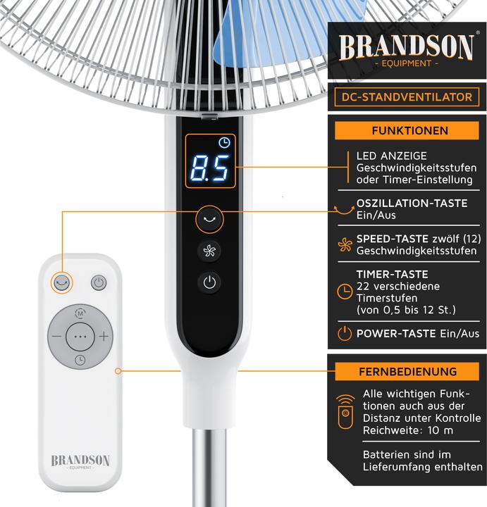Immagine prodotto Brandson Ventilatore da piedistallo, motore DC, telecomando, risparmio energetico, timer, silenzioso (56 dB)