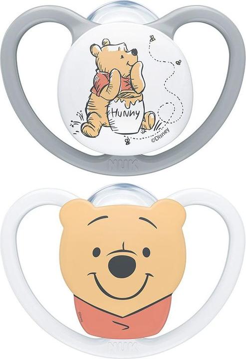 Produktbild NUK Disney Winnie Puuh Space Silikon-Schnuller, kiefergerechte Form, 0-6 Monate, 2 Stück, grau & wei (2 x, ab Geburt)
