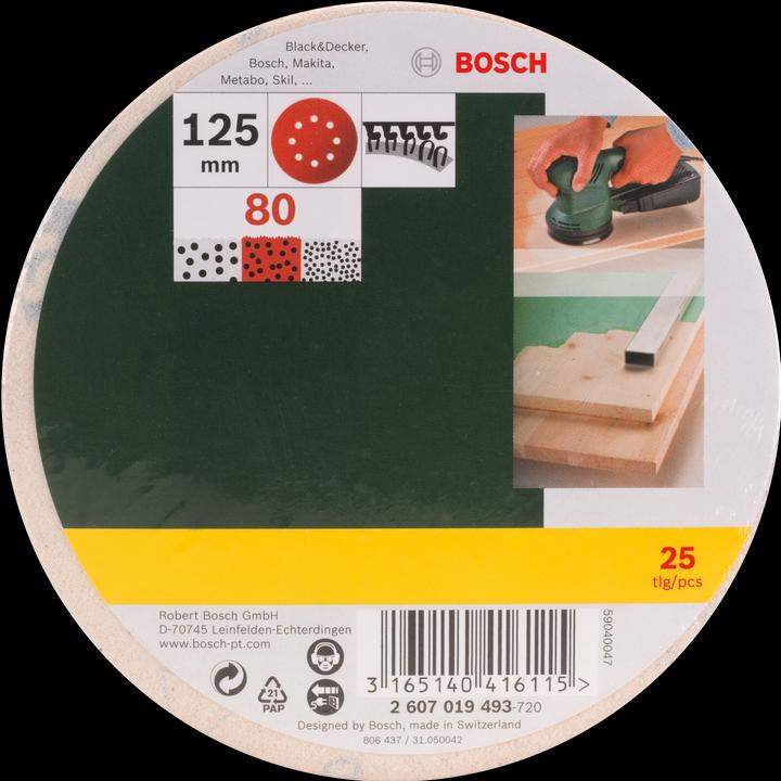 Immagine prodotto Bosch Zubehör Set di fogli abrasivi per levigatrici rotorbitali, 25 pezzi, 8 fori, 125 mm, 80 (80)