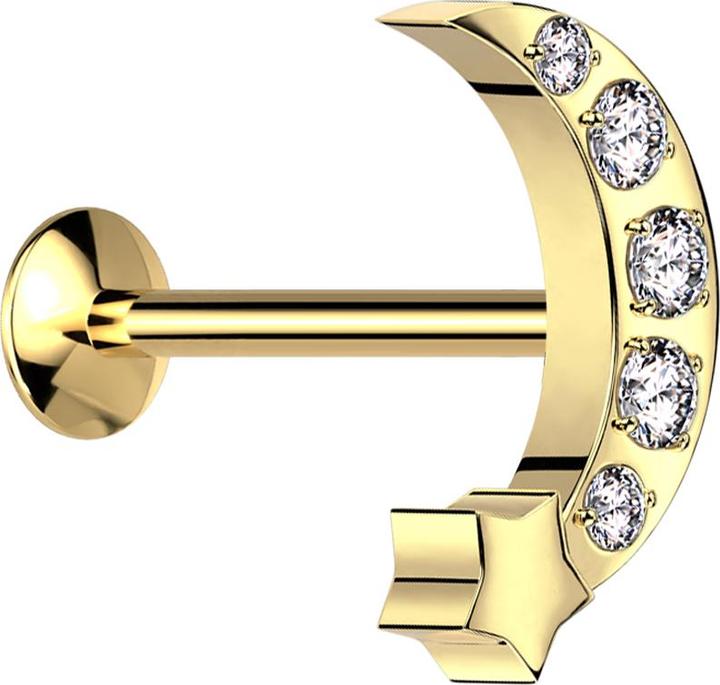 Produktbild Star Piercing Micro Threadless UFO Labret vergoldet Mond mit Stern vergoldet Kristalle silber (ohne Messing, Chirurgenstahl 316L)
