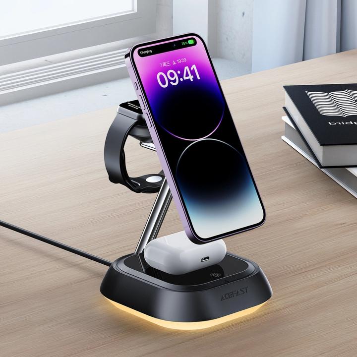Image du produit Acefast Station de charge inductive 3en1 E16 15W pour téléphone/écouteurs/montre - noir (15 W)