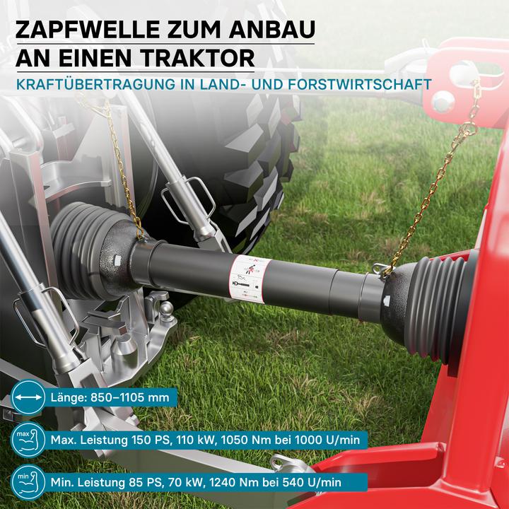 Immagine prodotto Wiltec Trasmissione Arbre T8 Cardan 850-1105mm 1240Nm 540 tr/min 110kW (150CV) 2x 1 3/8" 6 Ammaccature (Accessori per trattori)
